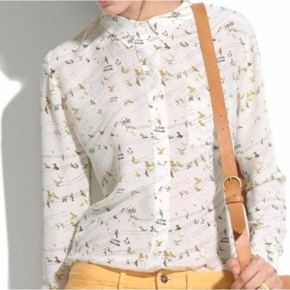 Madewell Boyfit Birds Life 100% Silk Crepe Delicate Cream yellow button down Sm - Picture 1 of 11